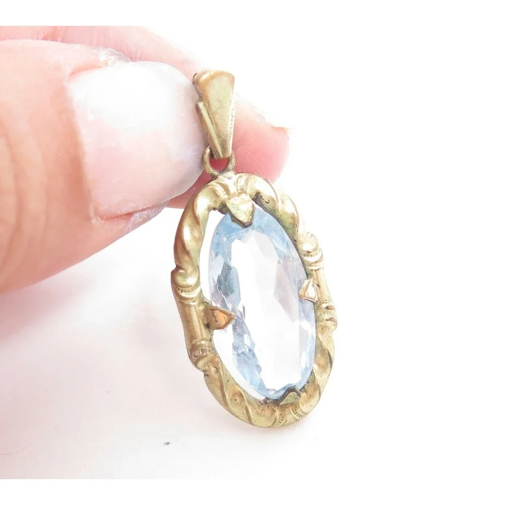 Stunning Vintage Old Art Deco Unfoiled Blue Glass Stone‎ Rhinestone Gold Pendant